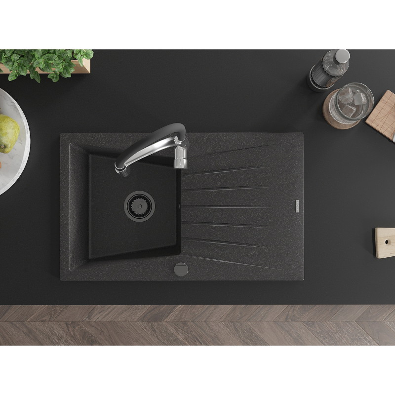 Mexen Cesar granite kitchen sink 1-bowl with drainer and kitchen faucet Aster, black speckled - 6514-76-73450-07-B