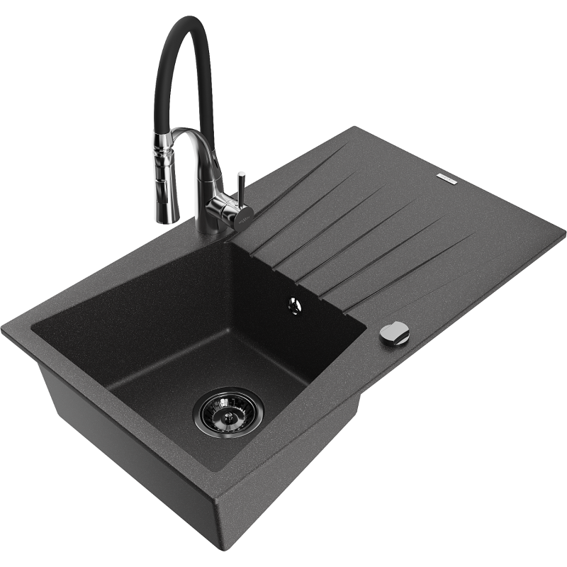 Mexen Cesar 1-compartment granite sink with a drip tray and kitchen mixer tap Aster, spotted black - 6514-76-73450-07-B