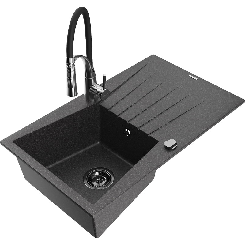 Mexen Cesar granite sink, single-bowl with drainer and kitchen faucet Aster, black speckled - 6514-76-73450-07-B
