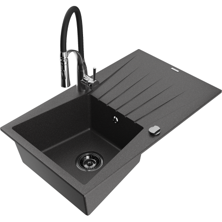Mexen Cesar 1-compartment granite sink with a drip tray and kitchen mixer tap Aster, spotted black - 6514-76-73450-07-B