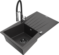 Mexen Cesar granite sink 1-bowl with drainer and Aster kitchen faucet, speckled black - 6514-76-73450-07-B