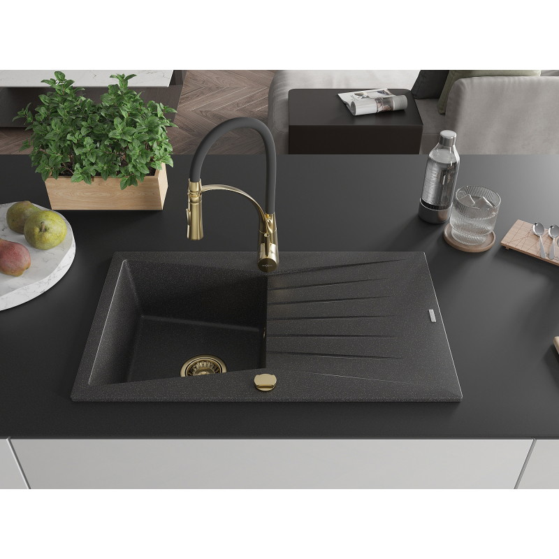 Mexen Cesar 1-bowl granite sink with drainer and Aster kitchen faucet, speckled black - 6514-76-73450-57-G