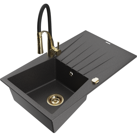 Mexen Cesar granite sink 1-bowl with drainer and Aster kitchen tap, black speckled - 6514-76-73450-57-G