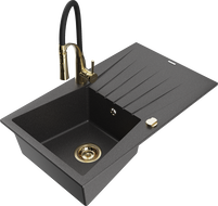 Mexen Cesar granite sink 1-bowl with drainer and Aster kitchen tap, black speckled - 6514-76-73450-57-G