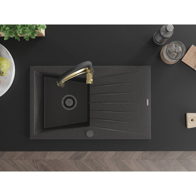 Mexen Cesar 1-bowl granite sink with drainer and Aster kitchen tap, speckled black - 6514-76-73450-57-B