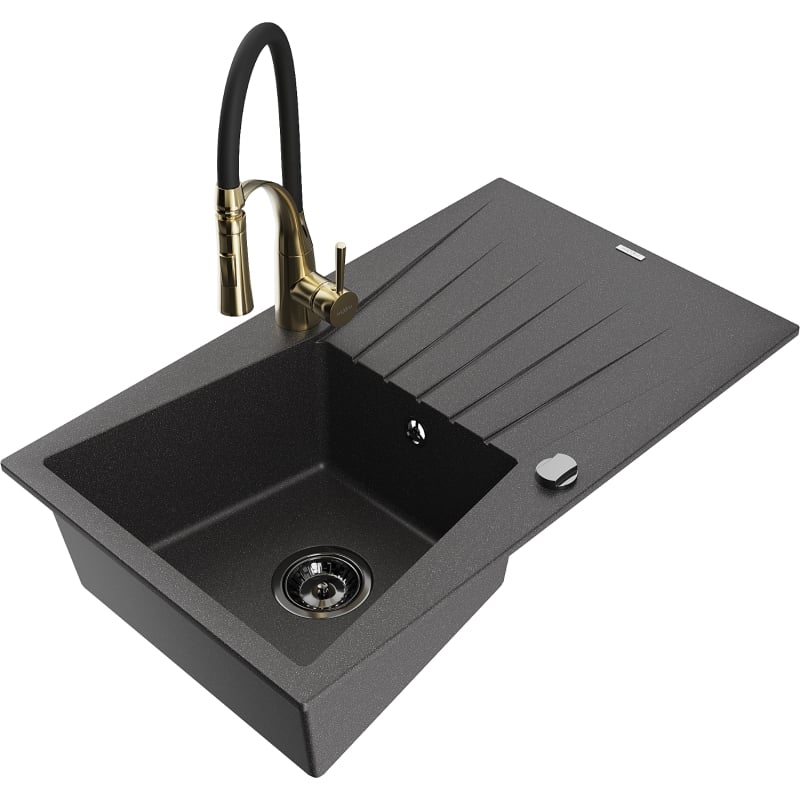 Mexen Cesar 1-bowl granite sink with drainer and Aster kitchen faucet, speckled black - 6514-76-73450-57-B