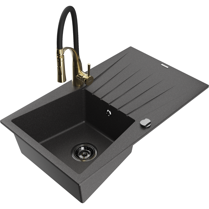 Mexen Cesar 1-compartment granite sink with a drip tray and kitchen mixer tap Aster, spotted black - 6514-76-73450-57-B
