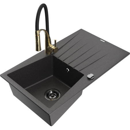Mexen Cesar 1-bowl granite sink with drainer and Aster kitchen faucet, speckled black - 6514-76-73450-57-B