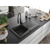 Mexen Cesar granite kitchen sink 1-bowl with drainer and Aster kitchen faucet, speckled black - 6514-76-73450-70-B