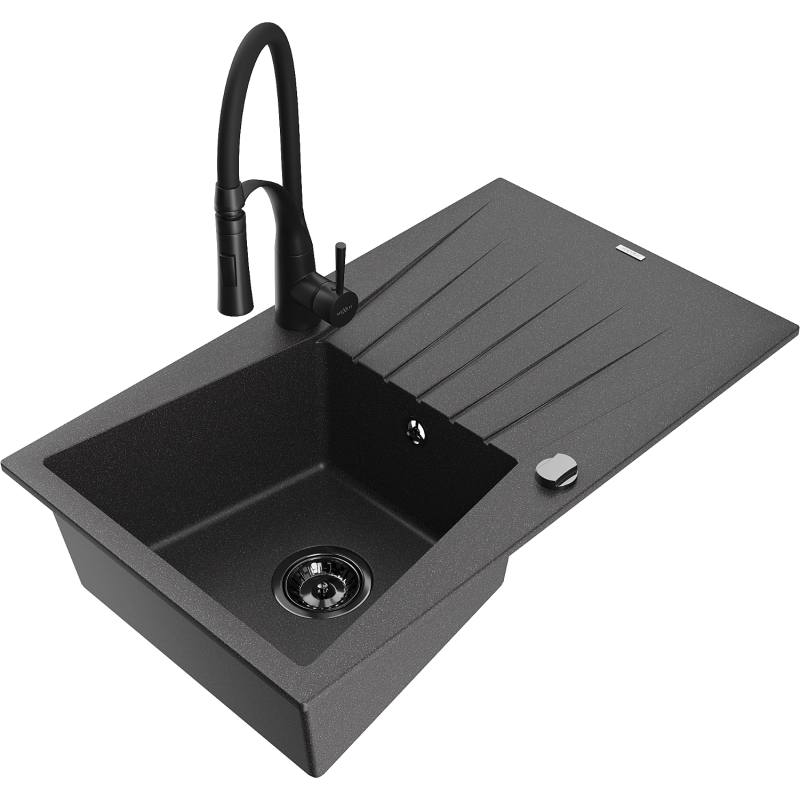 Mexen Cesar 1-bowl granite sink with drainer and Aster kitchen tap, black speckled - 6514-76-73450-70-B