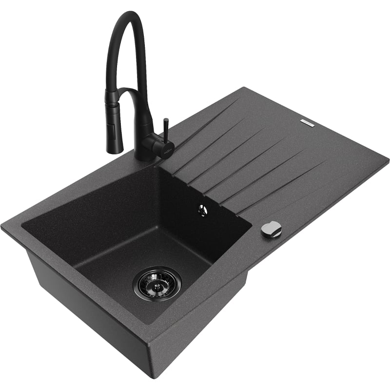 Mexen Cesar granite kitchen sink 1-bowl with drainer and Aster kitchen faucet, speckled black - 6514-76-73450-70-B
