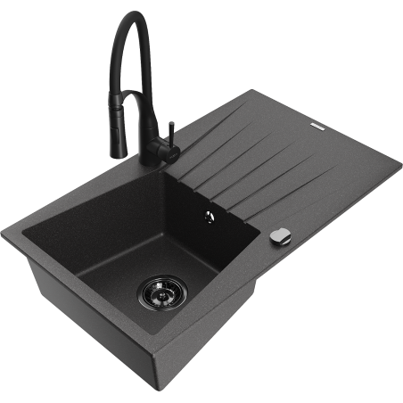Mexen Cesar 1-bowl Granite Sink with Drainer and Aster Kitchen Faucet, Speckled Black - 6514-76-73450-70-B
