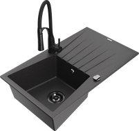 Mexen Cesar 1-bowl granite sink with drainer and Aster kitchen tap, black speckled - 6514-76-73450-70-B