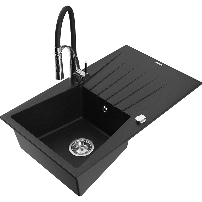 Mexen Cesar granite kitchen sink single-bowl with drainer and Aster kitchen tap, black - 6514-77-73450-07
