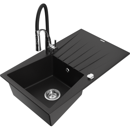 Mexen Cesar granite kitchen sink single bowl with drainer and kitchen faucet Aster, black - 6514-77-73450-07