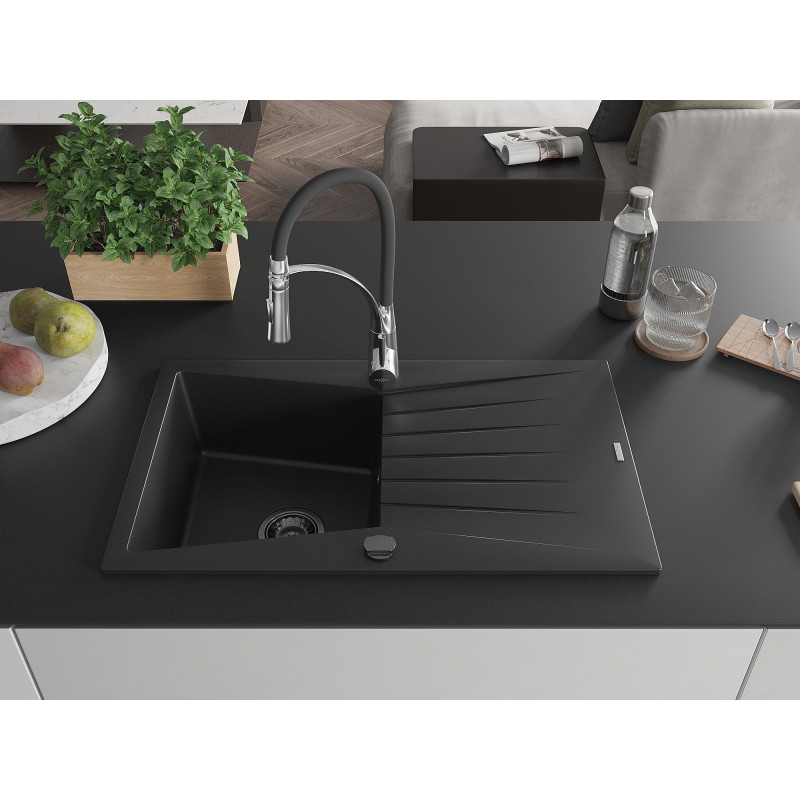 Mexen Cesar granite sink 1-bowl with drainer and kitchen faucet Aster, black - 6514-77-73450-07-B