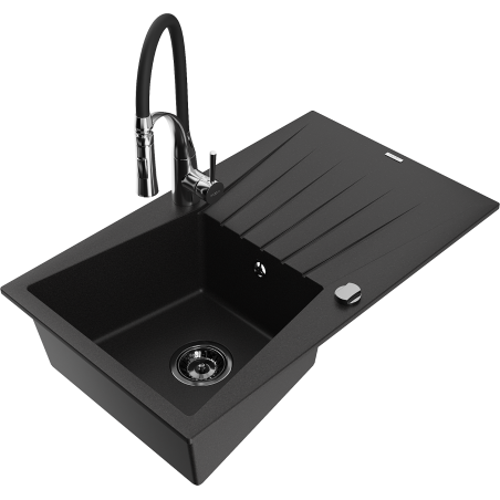 Mexen Cesar granite kitchen sink 1-bowl with drainer and Aster faucet, black - 6514-77-73450-07-B