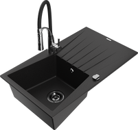 Mexen Cesar 1-bowl granite sink with drainer and Aster kitchen tap, black - 6514-77-73450-07-B