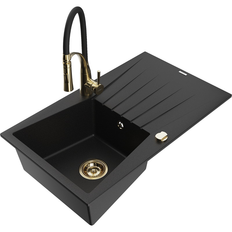 Mexen Cesar 1-bowl granite sink with drainer and Aster kitchen faucet, black - 6514-77-73450-57-G