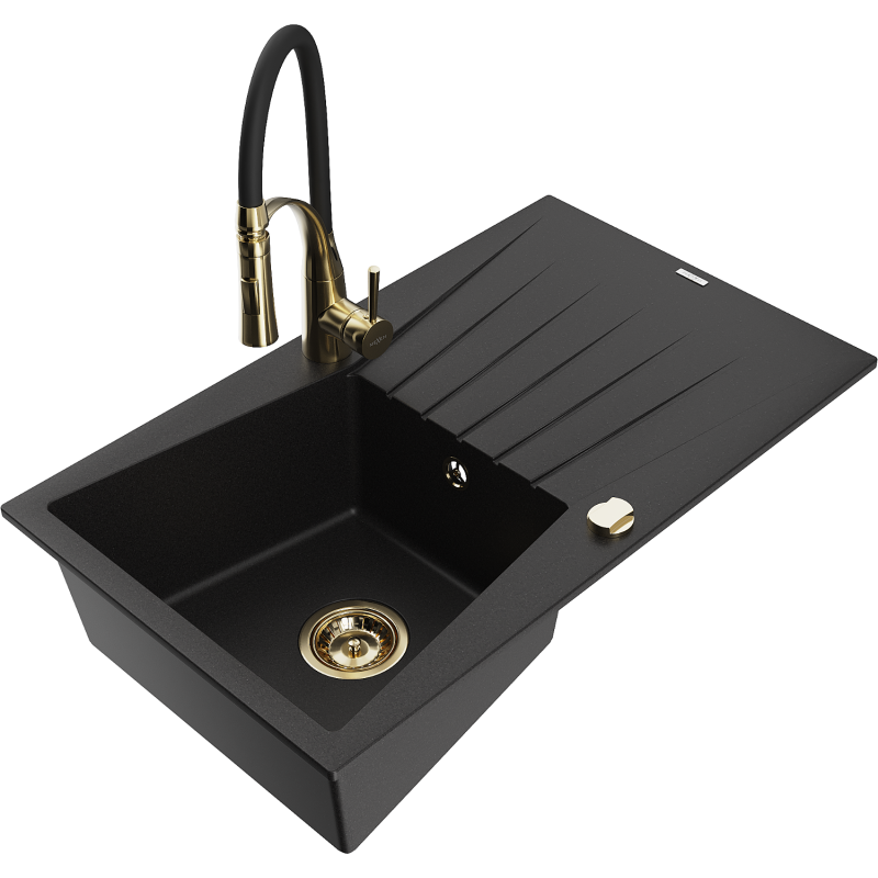 Mexen Cesar 1-compartment granite sink with a drip tray and kitchen mixer tap Aster, Black - 6514-77-73450-57-G