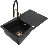 Mexen Cesar granite sink with 1 basin, drainer and Aster kitchen tap, black - 6514-77-73450-57-G