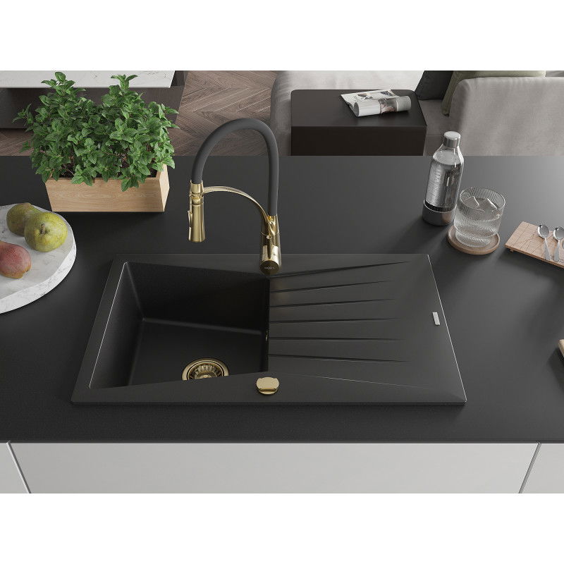 Mexen Cesar granite sink with 1 basin, drainer and Aster kitchen tap, black - 6514-77-73450-57-G