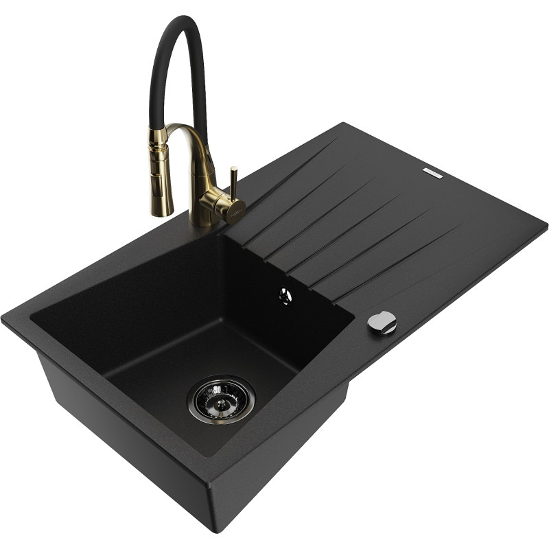 Mexen Cesar 1-bowl granite sink with drainer and Aster kitchen faucet, black - 6514-77-73450-57-B