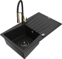 Mexen Cesar 1-bowl granite sink with drainer and Aster kitchen faucet, black - 6514-77-73450-57-B