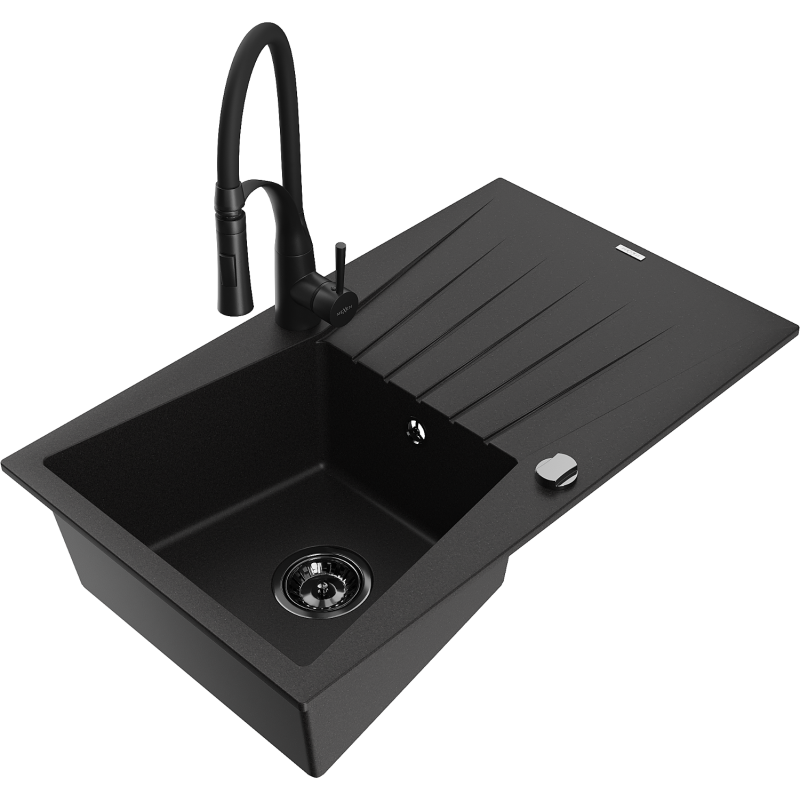 Mexen Cesar 1-compartment granite sink with a drip tray and kitchen mixer tap Aster, Black - 6514-77-73450-70-B