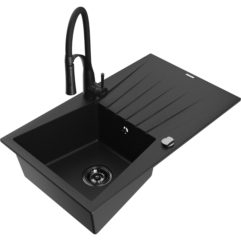 Mexen Cesar granite sink 1-bowl with drainer and Aster kitchen tap, black - 6514-77-73450-70-B