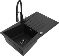 Mexen Cesar granite kitchen sink 1-bowl with drainer and Aster kitchen faucet, black - 6514-77-73450-70-B