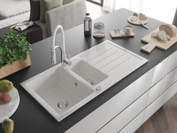 Mexen Andres 1.5-bowl granite sink with drainer and Aster kitchen faucet, white - 6515-20-73450-02