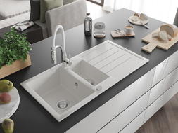 Mexen Andres granite sink 1.5-bowl with drainer and Aster kitchen tap, white - 6515-20-73450-02