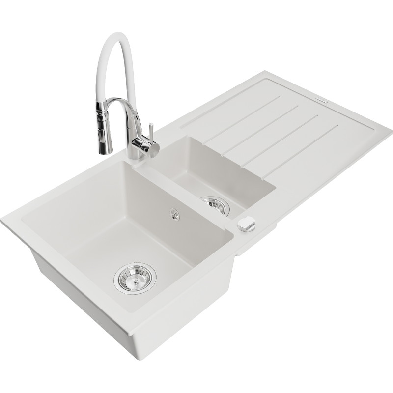 Mexen Andres granite sink 1.5-bowl with drainer and Aster kitchen faucet, white - 6515-20-73450-02