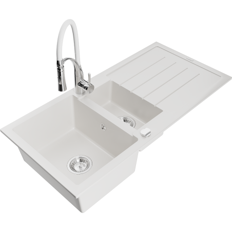 Mexen Andres granite sink 1.5-bowl with drainer and Aster kitchen faucet, white - 6515-20-73450-02
