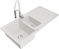 Mexen Andres granite sink 1.5-bowl with drainer and Aster kitchen tap, white - 6515-20-73450-02
