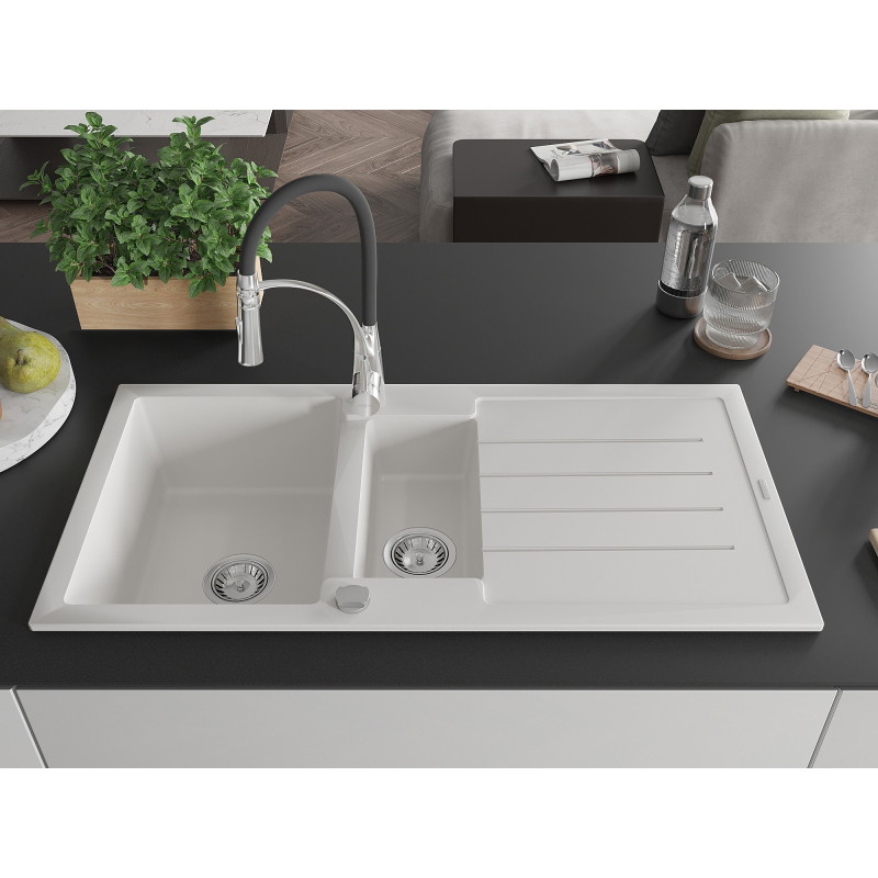 Mexen Andres granite sink 1.5-bowl with drainer and kitchen faucet Aster, white - 6515-20-73450-07