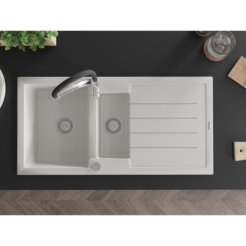 Mexen Andres granite sink 1.5-bowl with drainer and kitchen faucet Aster, white - 6515-20-73450-07