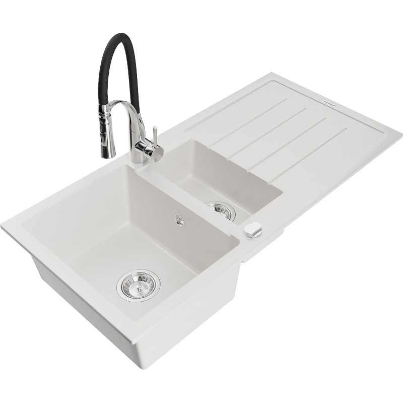 Mexen Andres granite sink 1.5-bowl with drainer and Aster kitchen faucet, white - 6515-20-73450-07