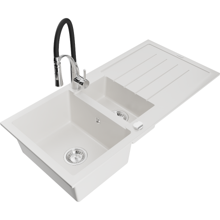 Mexen Andres granite sink 1.5-bowl with drainer and kitchen faucet Aster, white - 6515-20-73450-07