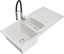 Mexen Andres 1.5-bowl granite sink with drainer and Aster kitchen tap, white - 6515-20-73450-07