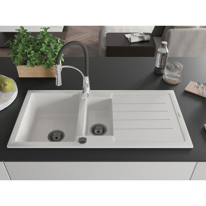 Mexen Andres 1.5-bowl granite kitchen sink with drainer and Aster kitchen tap, white - 6515-20-73450-07-B