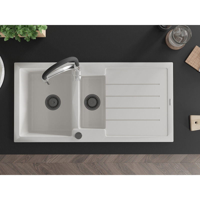 Mexen Andres granite sink 1.5-bowl with drainer and Aster kitchen faucet, white - 6515-20-73450-07-B