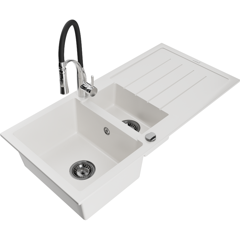 Mexen Andres 1.5-compartment granite sink with a drip tray and kitchen mixer tap Aster, White - 6515-20-73450-07-B
