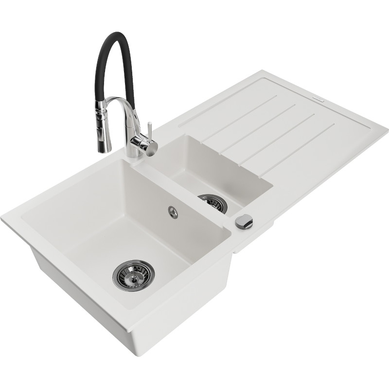 Mexen Andres granite sink 1.5-bowl with drainer and Aster kitchen faucet, white - 6515-20-73450-07-B