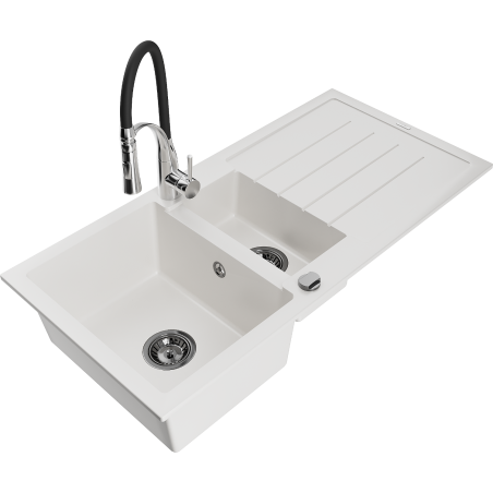 Mexen Andres 1.5-bowl granite kitchen sink with drainer and Aster kitchen tap, white - 6515-20-73450-07-B