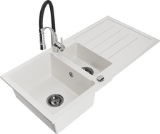 Mexen Andres 1.5-bowl granite kitchen sink with drainer and Aster kitchen tap, white - 6515-20-73450-07-B
