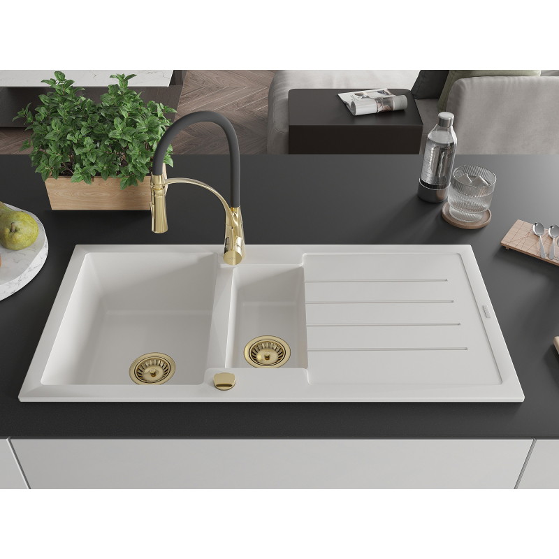 Mexen Andres 1.5-bowl granite kitchen sink with drainer and Aster kitchen faucet, white - 6515-20-73450-57-G
