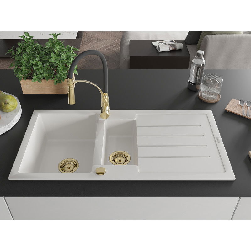 Mexen Andres 1.5-bowl granite sink with drainer and Aster kitchen tap, white - 6515-20-73450-57-G