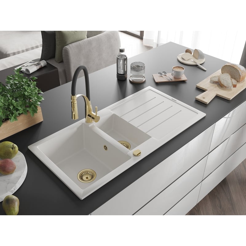 Mexen Andres 1.5-bowl granite kitchen sink with drainer and Aster kitchen faucet, white - 6515-20-73450-57-G